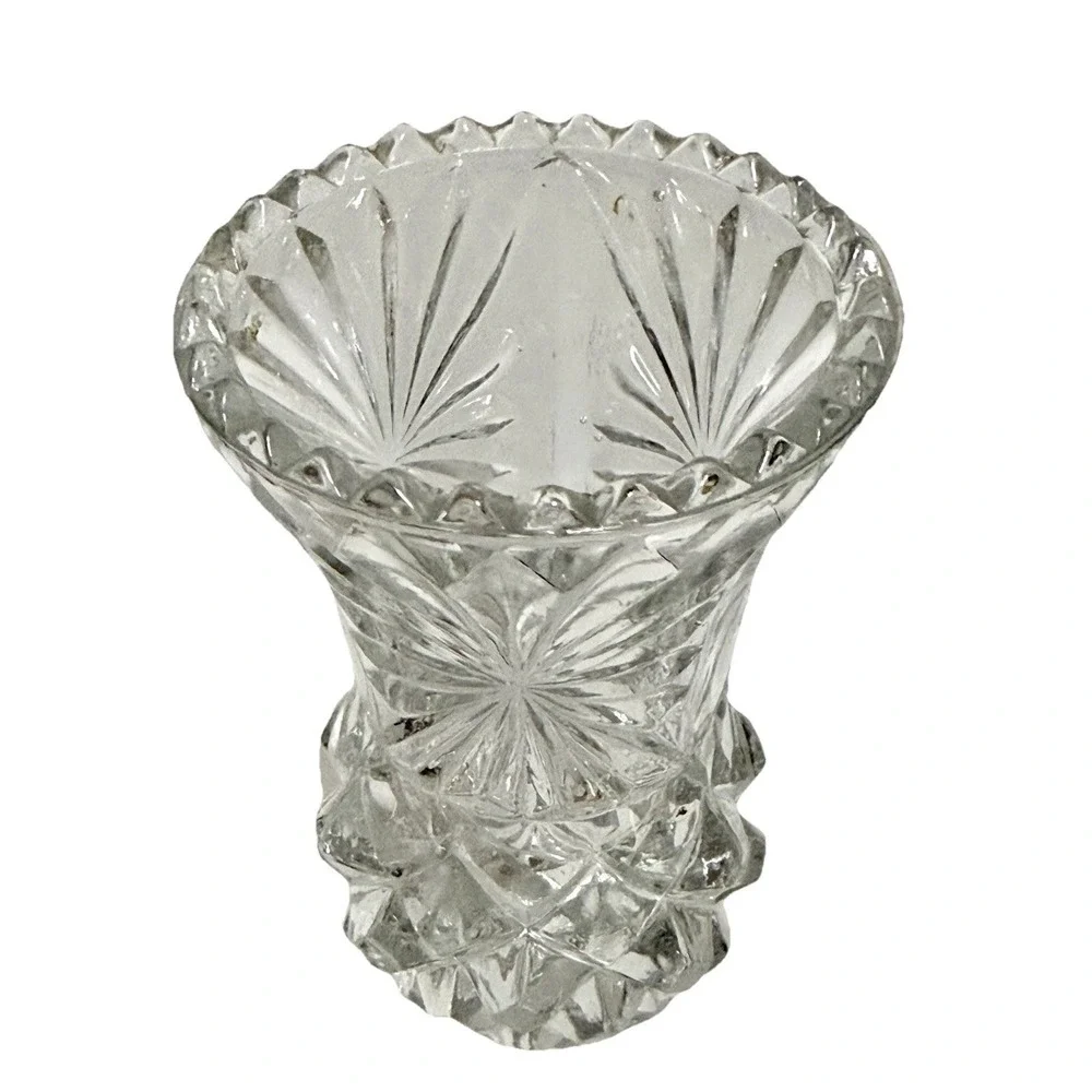 Vintage Clear Pressed Glass‎ Bud Vase Starburst Diamond Point Sawtooth Rim 5